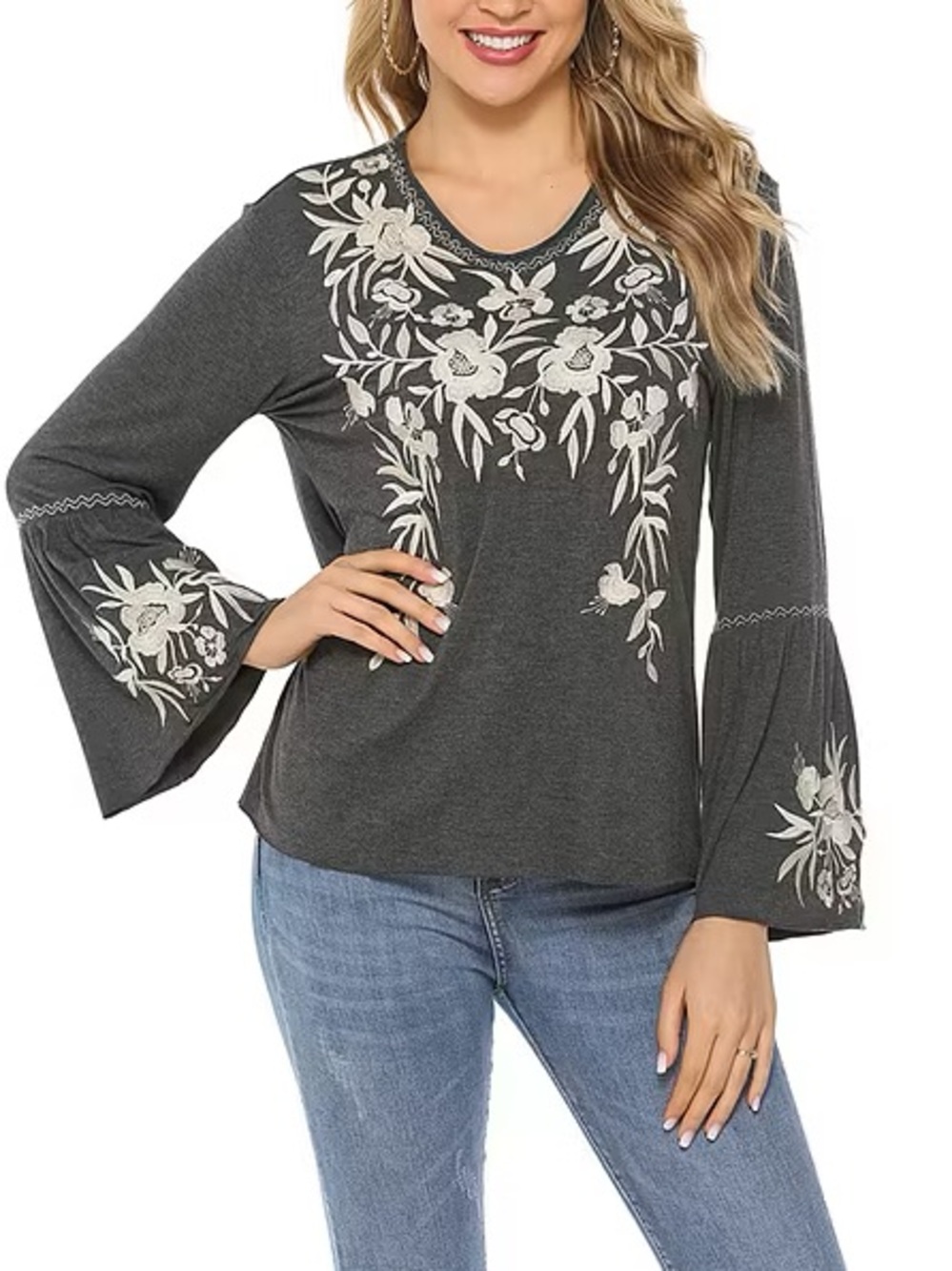 Johnny was gray embroidered flare sleeve floral boho bohemian top small